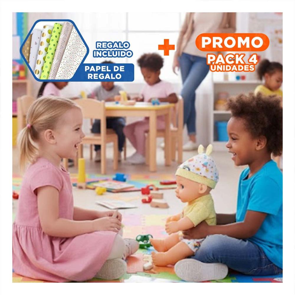 Pack4 Elemento Infantil Tipo Bebe con Biberon y Sonaja Y+Papel Regalo