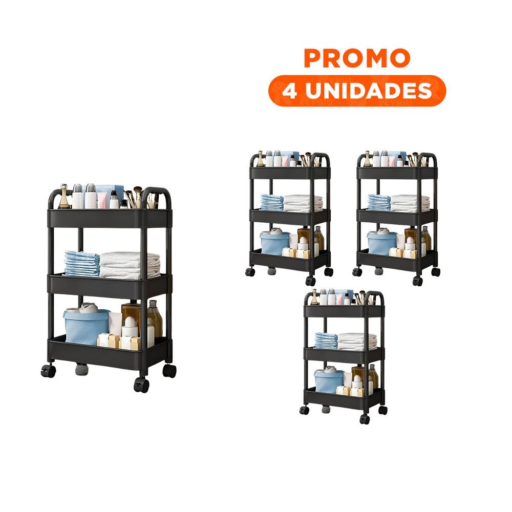 Pack4 Almacenador de Hogar 3 Niveles con Ruedas y Asas Plastico Negro Y+Regalo Sticker Pack4 Almacenador de Hogar 3 Niveles con Ruedas y Asas Plastico Negro Y+Regalo Sticker