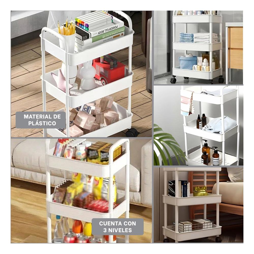 Organizador Rodante 3 Niveles con Ruedas y Asas en Plastico Blanco Hogar Organizador Rodante 3 Niveles con Ruedas y Asas en Plastico Blanco Hogar