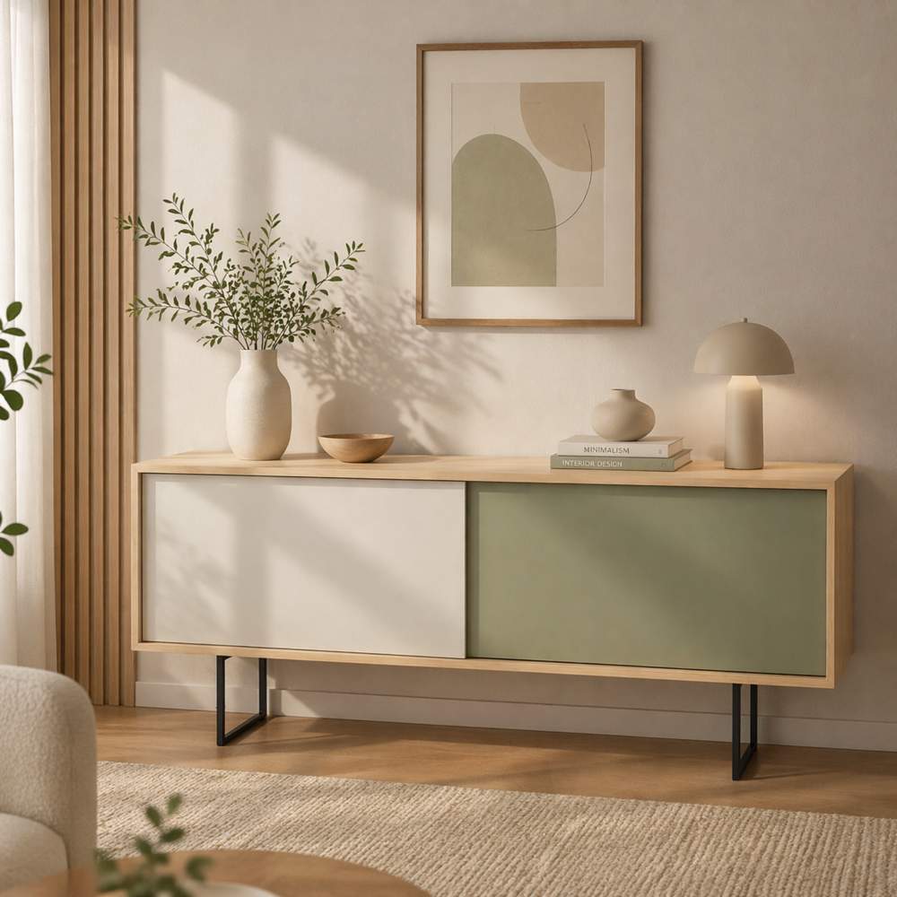 Aparador Aura TU MESITA en Rovere,Blanco y Agave con Patas Metálicas Canto Delgado