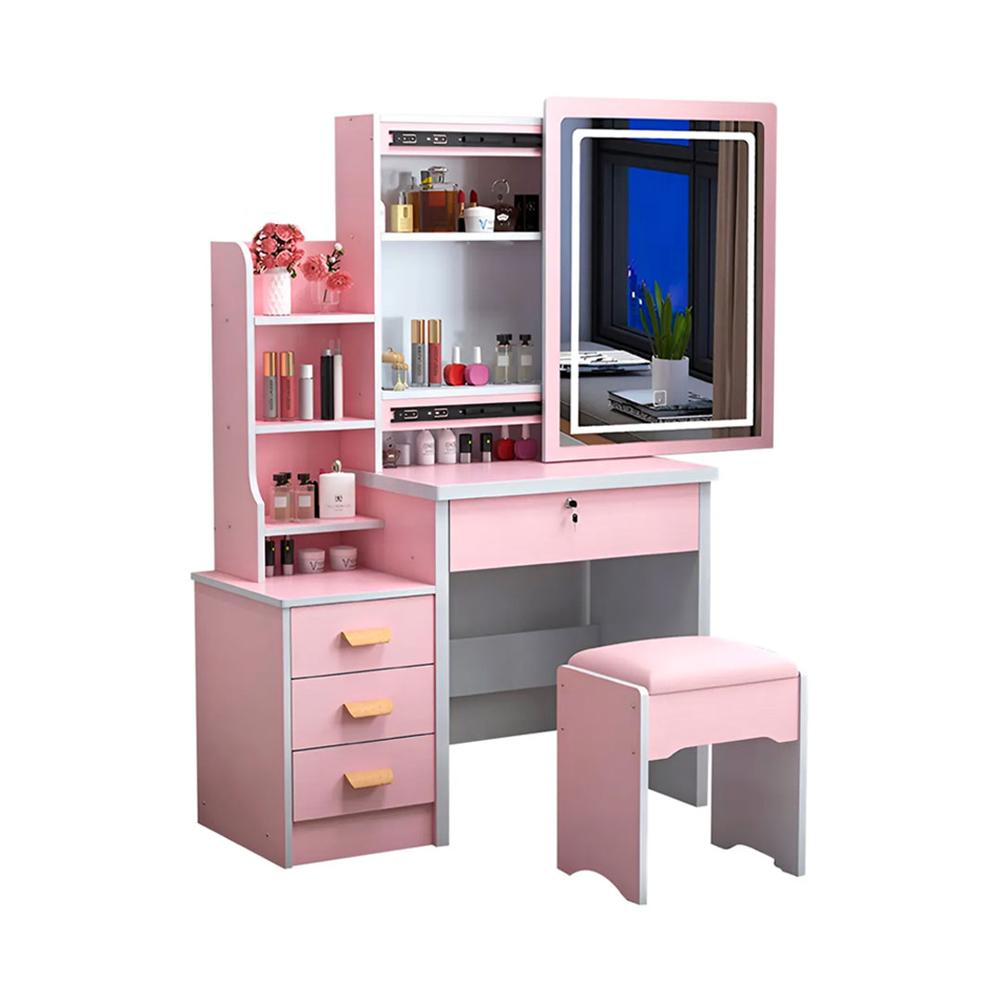 Tocador De Maquillaje Espejo Con Luz LED Taburete Para Dormitorio Rosa