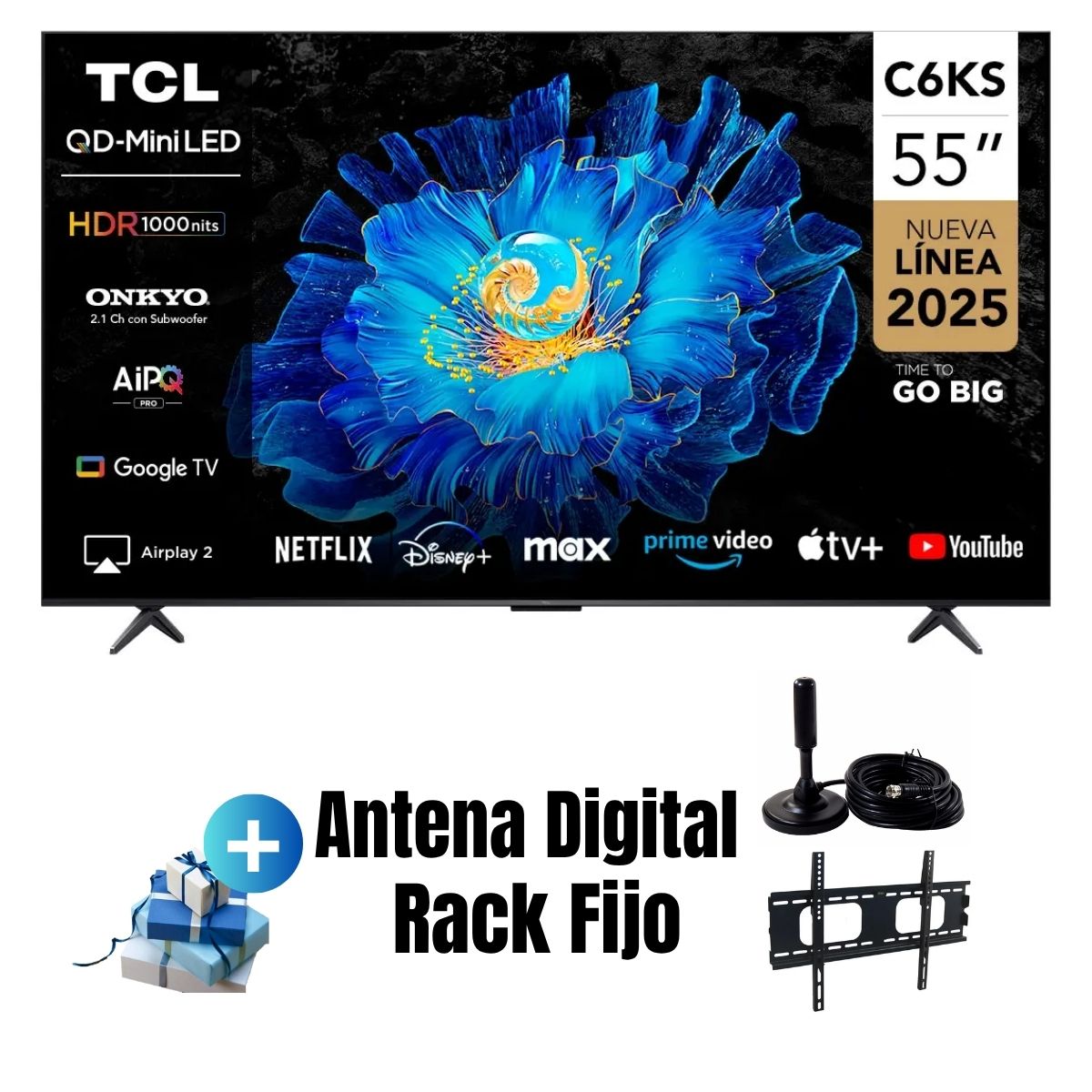 Televisor TCL 55'' QD-MINILED UHD 4K Google TV 55C6KS 2025 - ANT - RACK FIJO