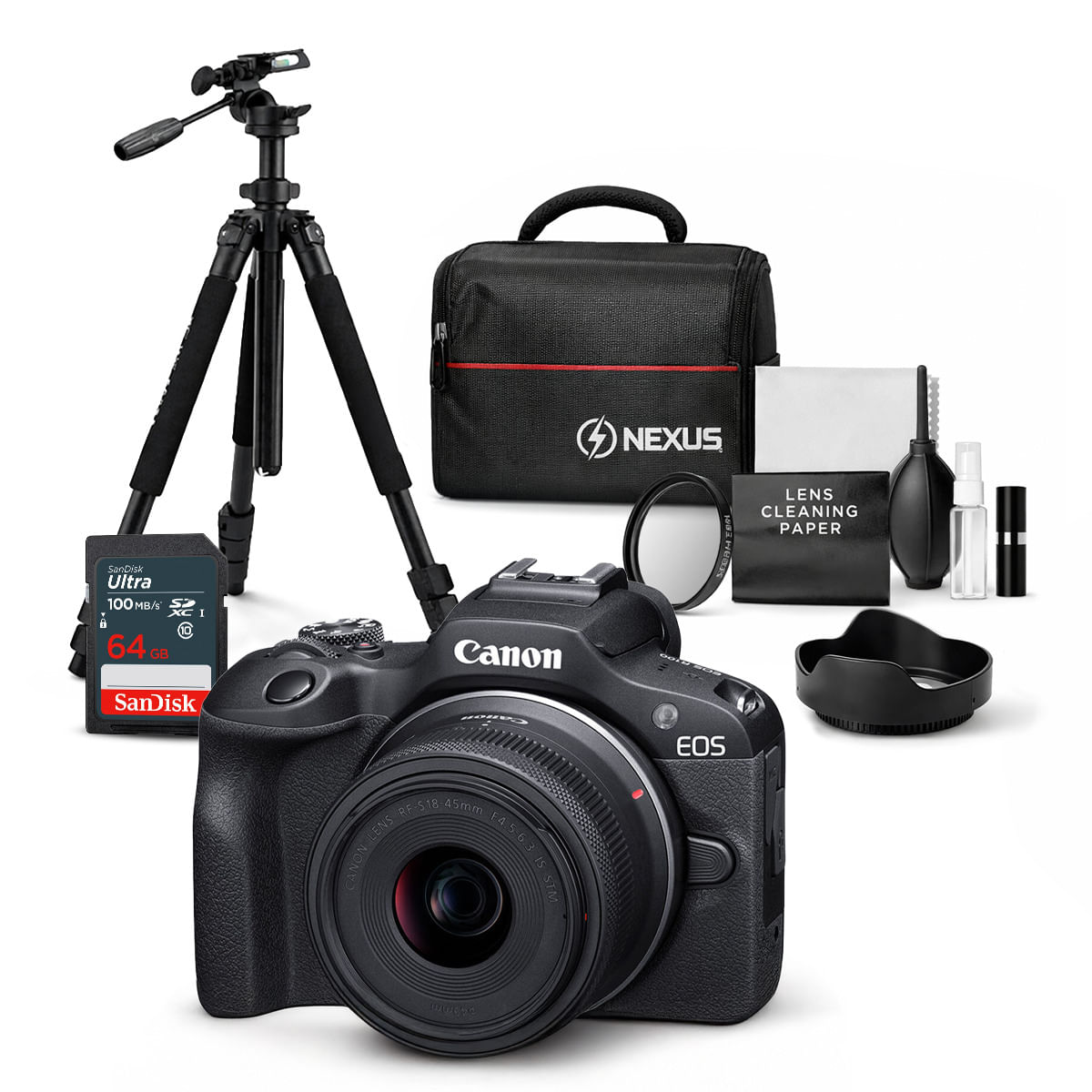 Cámara Mirrorless EOS R100 y Lente RF S 18-45mm f4.5-6.3 IS STM y  Kit Ultimate