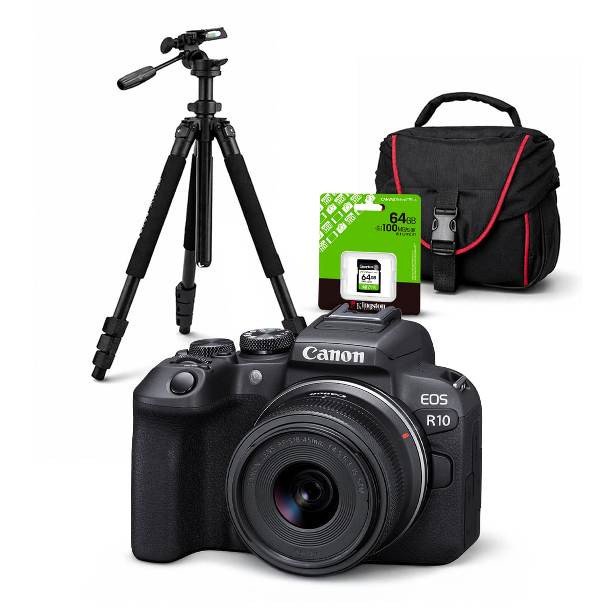 Cámara Canon EOS R10 y Lente RF-S 18-45mm y Kit Deluxe de Accesorios