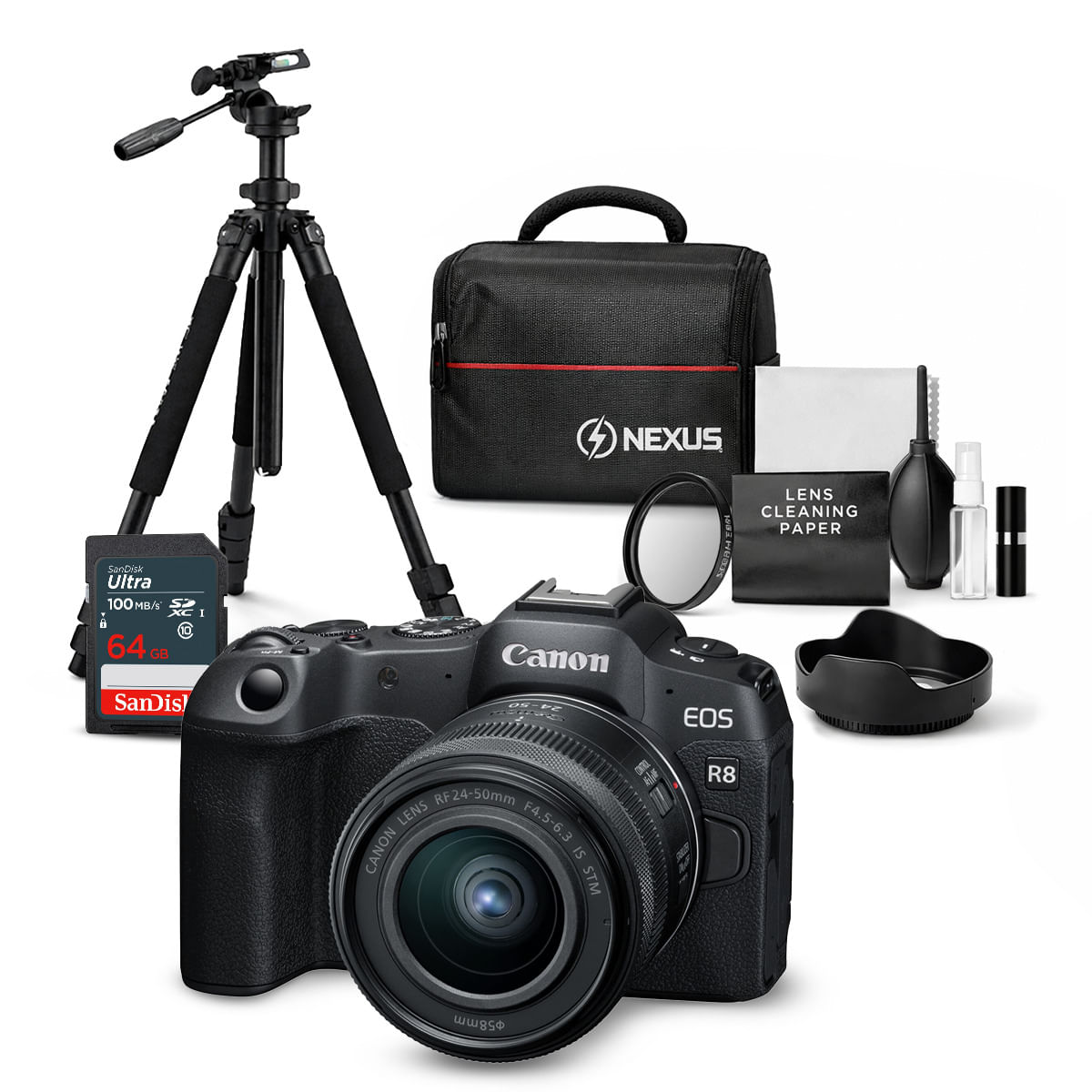 Cámara Canon EOS R8 y Lente RF 24-50mm f4.5-6.3 IS STM y Kit Ultimate