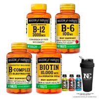 COMBO VITAMINAS MASON- VITAMINA B-12 3000 MCG+ VITAMINA B-6+ COMPLEJO B+ BIOTINA 10,000 PLUS +SHAKER