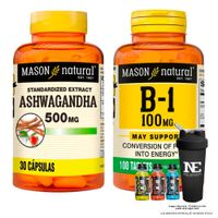 COMBO VITAMINAS MASON NATURAL - ASHWAGANDHA 500 MG (30 CAP) + VITAMINA B-1 100 MG (100 TAB) + SHAKER