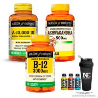 COMBO VITAMINAS MASON NATURAL -VITAMINA A 10,000 UI + ASHWAGANDHA + VITAMINA B-12 3000 MCG + SHAKER