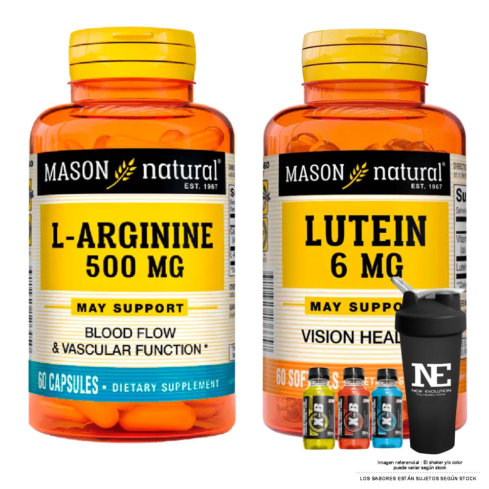COMBO VITAMINAS MASON NATURAL - L-ARGININA 500 MG (60 CAP) + LUTEÍNA 6 MG (60 SOFTG) + SHAKER