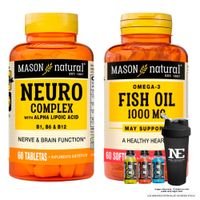 COMBO VITAMINAS MASON NATURAL- NEURO COMPLEX CON ÁCIDO ALFA LIPOICO+ OMEGA 3 FISH OIL 1000MG +SHAKER