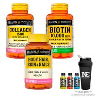 COMBO VITAMINAS MASON- COLÁGENO 1500 PLUS+ BIOTINA 10,000 PLUS+ MULTIVITAMÍNICO PARA CABELLO +SHAKER