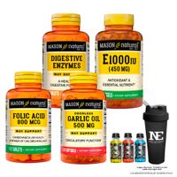COMBO VITAMINAS MASON- ENZIMAS DIGESTIVAS + VITAMINA E-1000 UI +ÁCIDO FÓLICO + ACEITE DE AJO  SHAKER