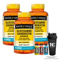 COMBO VITAMINAS MASON NATURAL - 3 GLUCOSAMINA CONDROITINA CON ÁCIDO HIALURÓNICO (60 CAP) + SHAKER