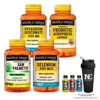 COMBO VITAMINAS MASON- GLUCONATO DE POTASIO + PROBIÓTICO ACIDOPHILUS + SAW PALMETTO+ SELENIO+ SHAKER