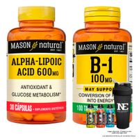 COMBO VITAMINAS MASON NATURAL - ÁCIDO ALFA LIPOICO 600 MG (30 CAP) + VITAMINA B-1 100 MG + SHAKER