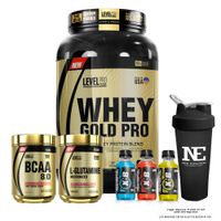 COMBO LEVEL PRO- WHEY GOLD PRO 2.43 LIBRS CHOCOLATE+BCAA 8.0 540G CITRUS PUNCH+GLUTAMINE 500G+SHAKER