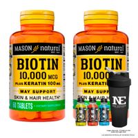 COMBO VITAMINAS MASON NATURAL - 2 BIOTINA 10,000 PLUS KERATINA 100 MG (60 TAB) + SHAKER