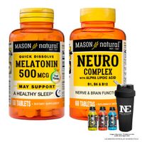 COMBO VITAMINAS MASON NATURAL - MELATONINA 500 MCG + NEURO COMPLEX CON ÁCIDO ALFA LIPOICO + SHAKER