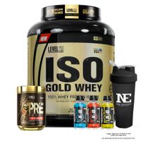 COMBO LEVEL PRO - ISO GOLD WHEY 5.5 LIBRAS VAINILLA CREAM + PRE BOOST 352 GR. FRUIT PUNCH + SHAKER