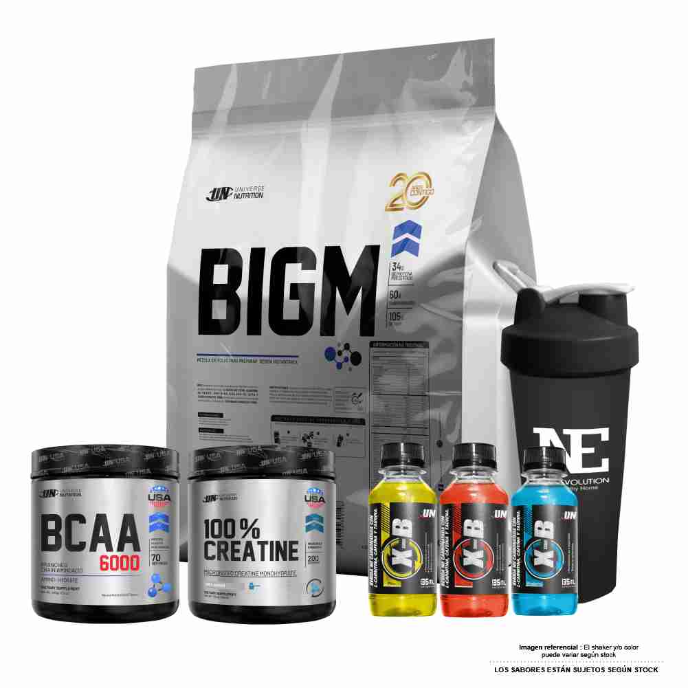 COMBO UNIVERSE - BIGM 3 KG. CHOCOLATE + 100% CREATINE 500 GR. + BCAA 6000 490GR. FRUIT PUNCH +SHAKER