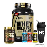 COMBO LEVEL PRO - WHEY GOLD PRO 2.43 LIBRAS CHOCOLATE + PRE BOOST 352 GR. FRUIT PUNCH + SHAKER