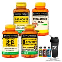 COMBO VITAMINAS MASON- VITAMINA A 10,000 UI +ASHWAGANDHA +VITAMINA B-12 3000MCG + COMPLEJO B +SHAKER