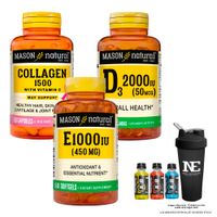 COMBO VITAMINA MASON NATURAL- COLÁGENO 1500 PLUS+VITAMINA C +D-3 2000 UI +VITAMINA E-1000 UI +SHAKER