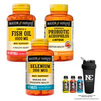 COMBO VITAMINAS MASON- OMEGA 3 FISH OIL + PROBIÓTICO ACIDOPHILUS & BIFIDUS + SELENIO 200 MCG +SHAKER