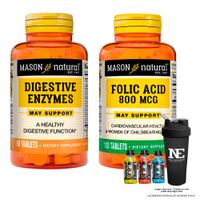 COMBO VITAMINAS MASON NATURAL - ENZIMAS DIGESTIVAS (90 TAB) + ÁCIDO FÓLICO 800 MCG (100 TAB) +SHAKER