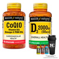 COMBO VITAMINAS MASON NATURAL-  CoQ10 (VITAMINA E & OMEGA 3 FISH OIL) (60 SOFTG)+ D-3 2000UI +SHAKER