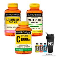 COMBO VITAMINAS MASON NATURAL - ESPIRULINA 500 MG + VALERIANA 500 MG + VITAMINA C-1000 MG + SHAKER