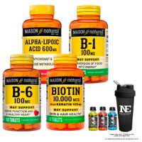 COMBO VITAMINAS MASON- ÁCIDO ALFA LIPOICO+ VITAMINA B-1 + VITAMINA B-6 + BIOTINA 10,000 PLUS +SHAKER