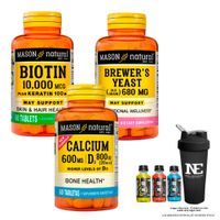 COMBO VITAMINAS MASON NATURAL- BIOTINA 10,000 PLUS+LEVADURA DE CERVEZA+CALCIO 600MG D3 800IU +SHAKER