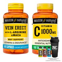 COMBO VITAMINAS MASON NATURAL - VEIN ERECT MACA + L-ARGININA (80 CAP) + VITAMINA C-1000 MG + SHAKER