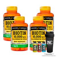 COMBO VITAMINAS MASON NATURAL - 4 BIOTINA 10,000 PLUS KERATINA 100 MG (60 TAB) + SHAKER