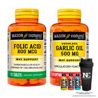 COMBO VITAMINAS MASON NATURAL -  ÁCIDO FÓLICO 800 MCG (100 TAB) + ACEITE DE AJO 500 MG + SHAKER