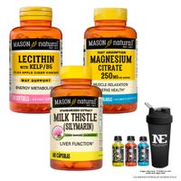 COMBO VITAMINAS MASON NATURAL- LECITINA KELP B6 (100 SOFTG)+ CITRATO DE MAGNESIO+ SILIMARINA +SHAKER