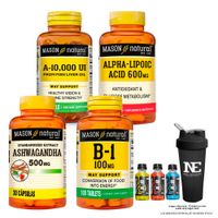 COMBO VITAMINAS MASON- VITAMINA A 10,000 UI + ÁCIDO ALFA LIPOICO+ ASHWAGANDHA + VITAMINA B-1 +SHAKER