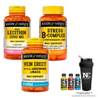 COMBO VITAMINAS MASON - LECITINA DE SOYA 1200 MG+ STRESS FORMULA B-COMPLEX + VEIN ERECT MACA +SHAKER
