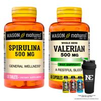 COMBO VITAMINAS MASON NATURAL - ESPIRULINA 500 MG (100 TAB) + VALERIANA 500 MG (60 CAP) + SHAKER