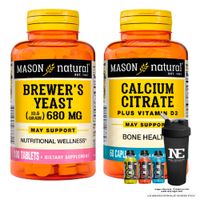 COMBO VITAMINAS MASON NATURAL- LEVADURA DE CERVEZA 680 MG +CITRATO DE CALCIO CON VITAMINA D3 +SHAKER