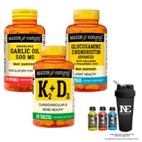 COMBO VITAMINAS MASON NATURAL- ACEITE DE AJO 500 MG+ GLUCOSAMINA CONDROITINA+ VITAMINA K2+D3 +SHAKER