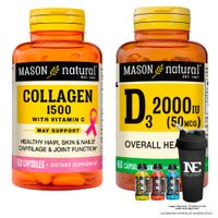 COMBO VITAMINAS MASON NATURAL - COLÁGENO 1500 PLUS+BIOTINA+VITAMINA C (60 CAP) + D-3 2000 UI +SHAKER