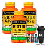 COMBO VITAMINAS MASON NATURAL - 3 BIOTINA 10,000 PLUS KERATINA 100 MG (60 TAB) + SHAKER