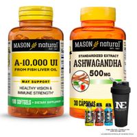 COMBO VITAMINAS MASON NATURAL - VITAMINA A 10,000 UI FROM FISH LIVER OIL + ASHWAGANDHA 500MG +SHAKER