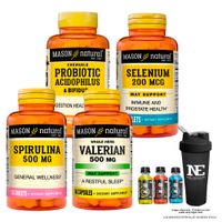 COMBO VITAMINAS MASON - PROBIÓTICO ACIDOPHILUS & BIFIDUS + SELENIO + ESPIRULINA + VALERIANA + SHAKER
