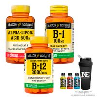 COMBO VITAMINAS MASON NATURAL- ÁCIDO ALFA LIPOICO 600 MG+ VITAMINA B-1 100MG + VITAMINA B-12 +SHAKER