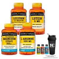 COMBO VITAMINAS MASON- L-ARGININA 500MG+ LECITINA KELP B6+ LUTEÍNA 6 MG + CITRATO DE MAGNESIO+SHAKER