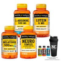 COMBO VITAMINAS MASON NATURAL -  L-ARGININA 500MG + LUTEÍNA 6 MG +MELATONINA + NEURO COMPLEX +SHAKER