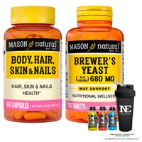 COMBO VITAMINAS MASON NATURAL- MULTIVITAMÍNICO PARA CABELLO,PIEL Y UÑAS+ LEVADURA DE CERVEZA +SHAKER